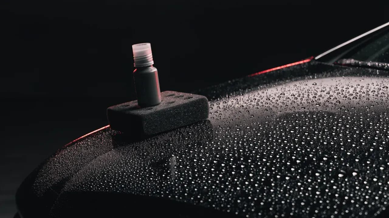 Waterdruppels parelen af op een vers gecoate zwarte motorkap na een keramische coating