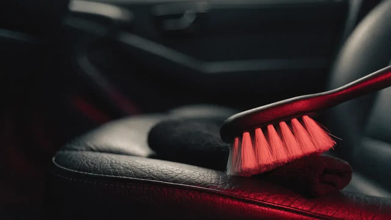 Zwarte leren autostoel wordt gereinigd met een zachte borstel en microvezeldoek