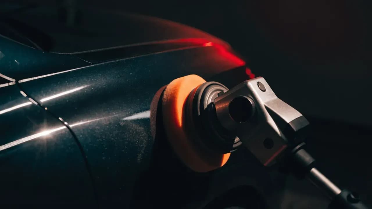 Polijstmachine met oranje pad die krassen uit zwart autolak haalt in Hoorn