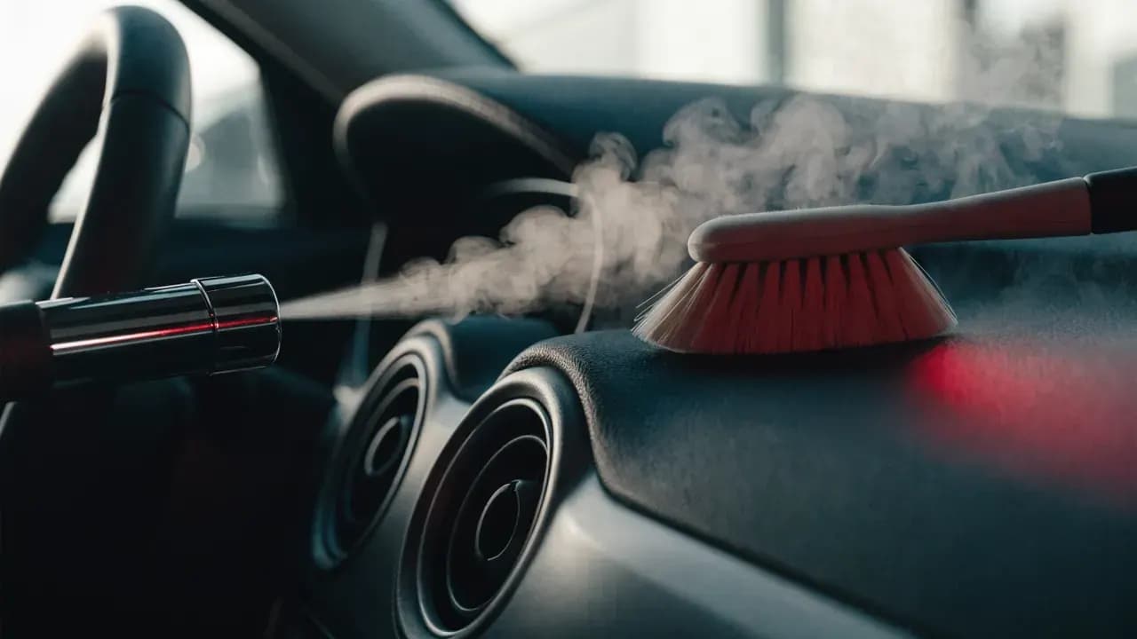 Stoomreiniging van dashboard en ventilatieroosters tijdens een interieurreiniging